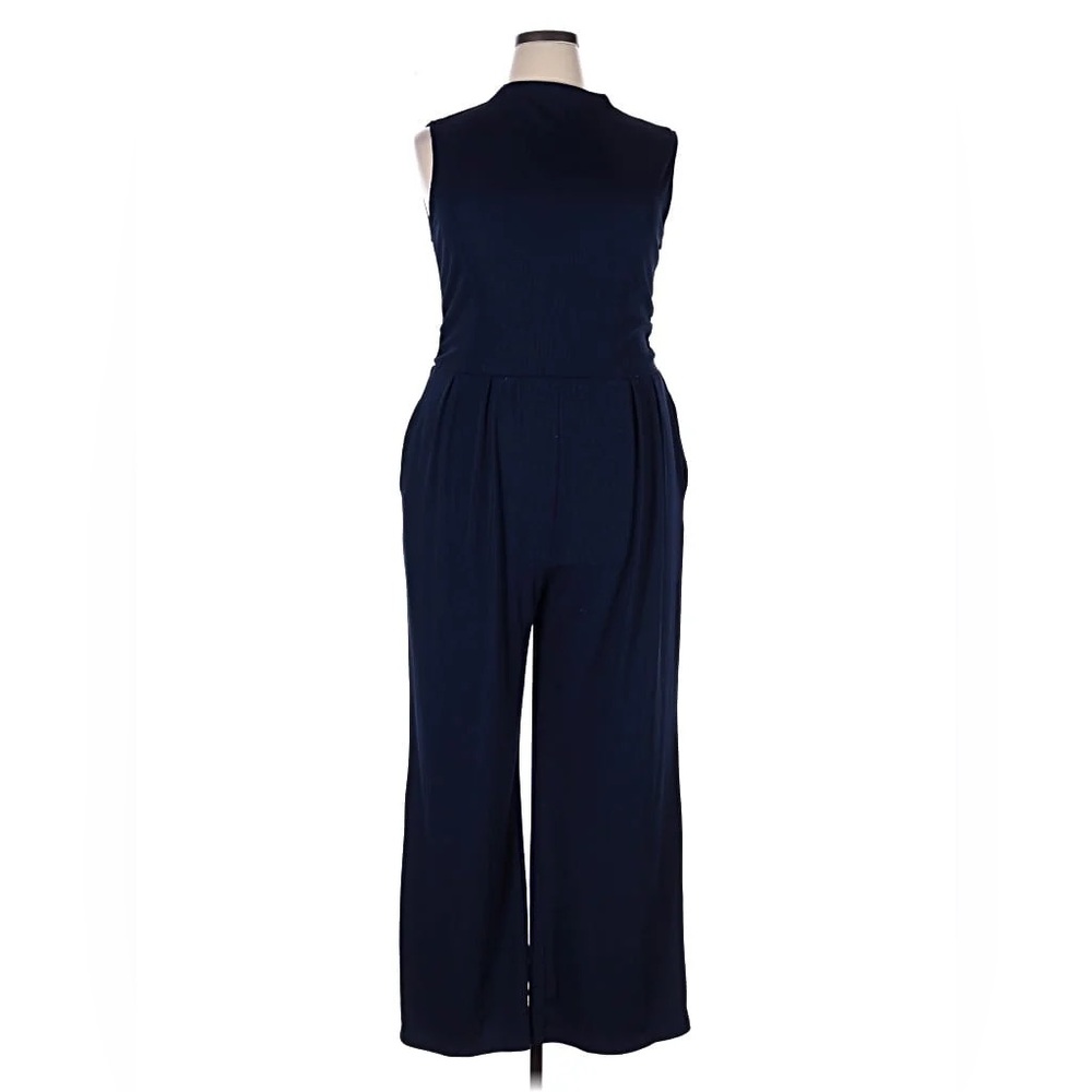 NWT PRETTYGARDEN Elegant Navy Sleeveless Long Jumpsuit, Ribbed Knit, Mock Neck - Picture 12 of 15